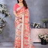 Luxury Beige Linen Saree with Vibrant Orange Paisley & Floral Artistic Border | Premium Printed Linen Designer Saree