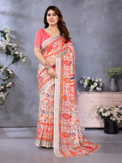 Luxury Beige Linen Saree with Vibrant Orange Paisley & Floral Artistic Border | Premium Printed Linen Designer Saree