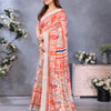 Luxury Beige Linen Saree with Vibrant Orange Paisley & Floral Artistic Border | Premium Printed Linen Designer Saree