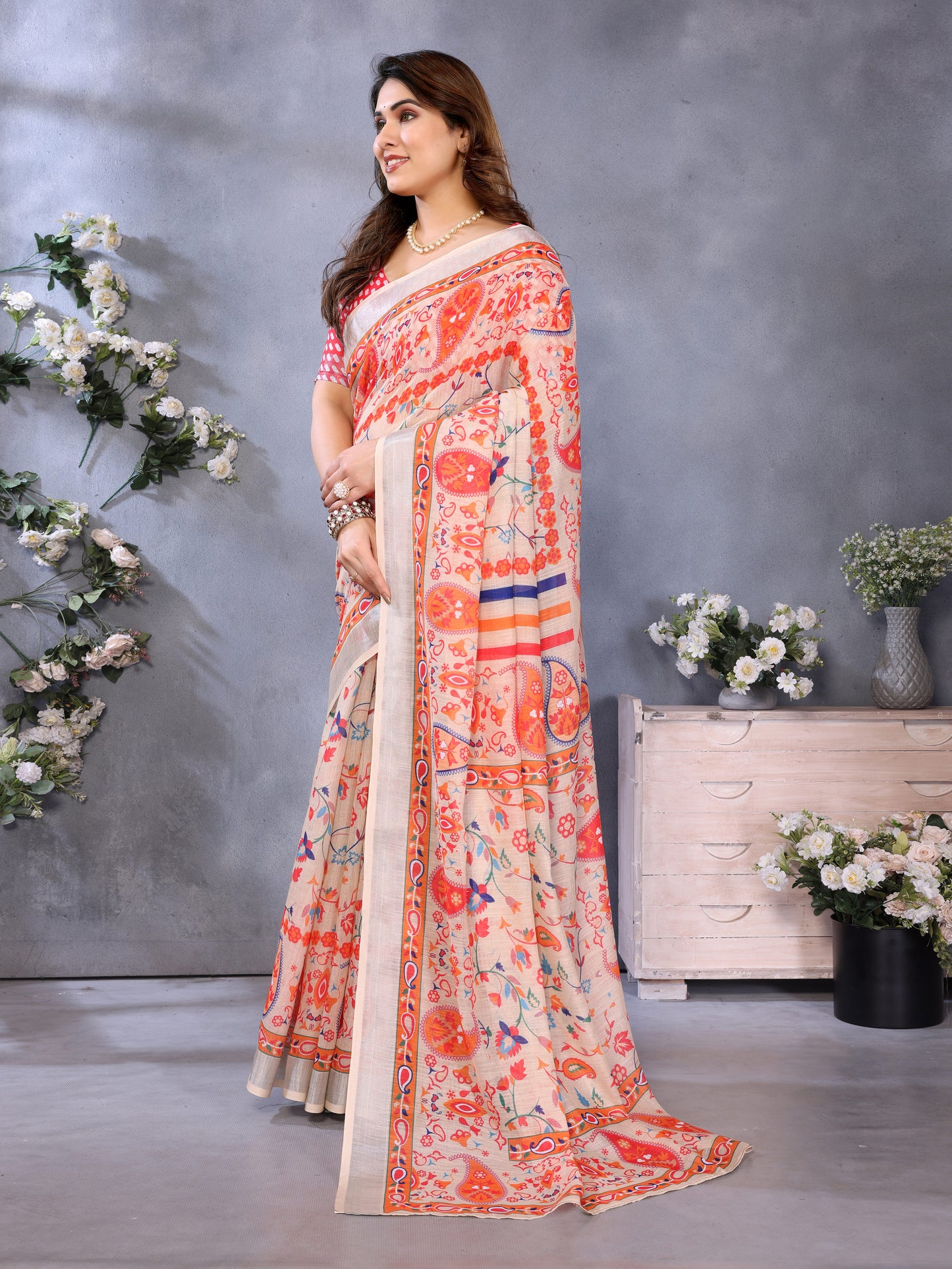 Luxury Beige Linen Saree with Vibrant Orange Paisley & Floral Artistic Border | Premium Printed Linen Designer Saree