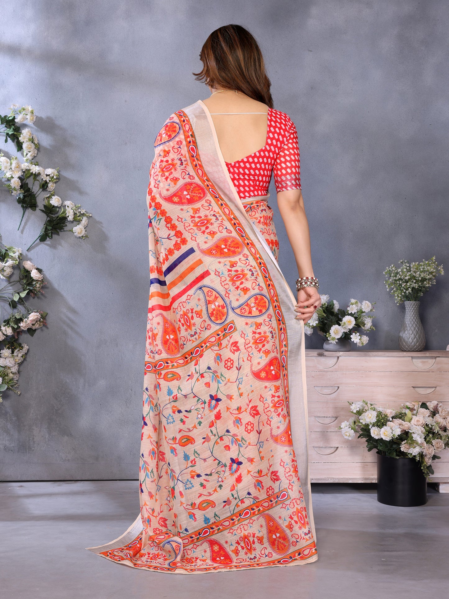 Luxury Beige Linen Saree with Vibrant Orange Paisley & Floral Artistic Border | Premium Printed Linen Designer Saree