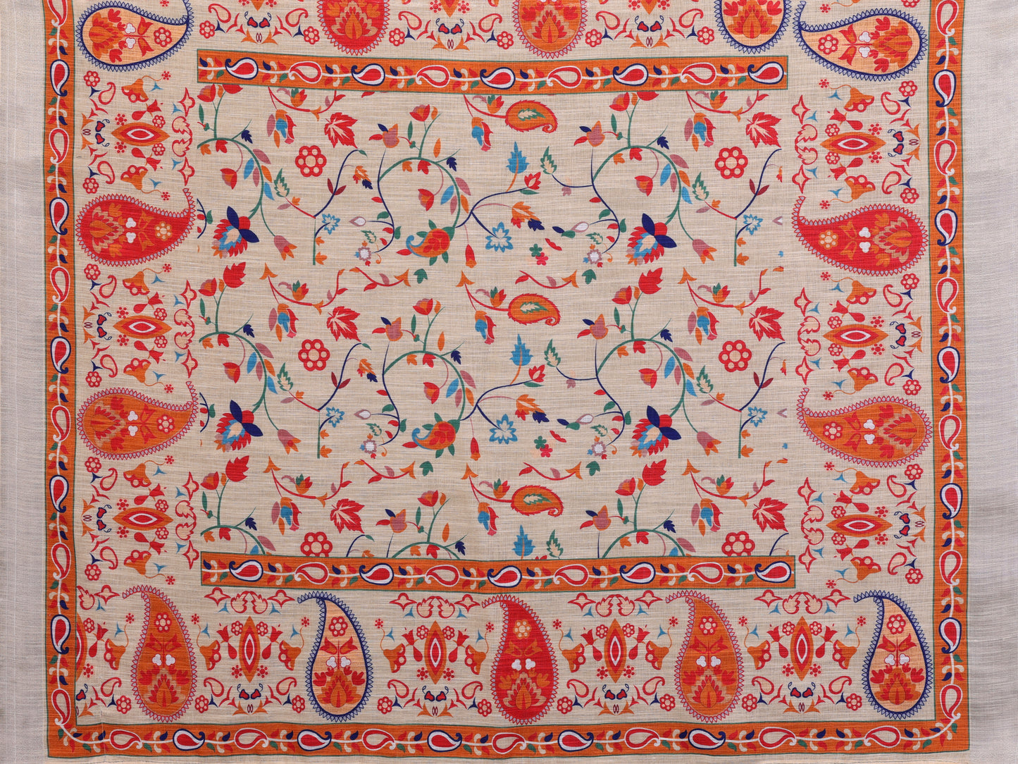 Luxury Beige Linen Saree with Vibrant Orange Paisley & Floral Artistic Border | Premium Printed Linen Designer Saree
