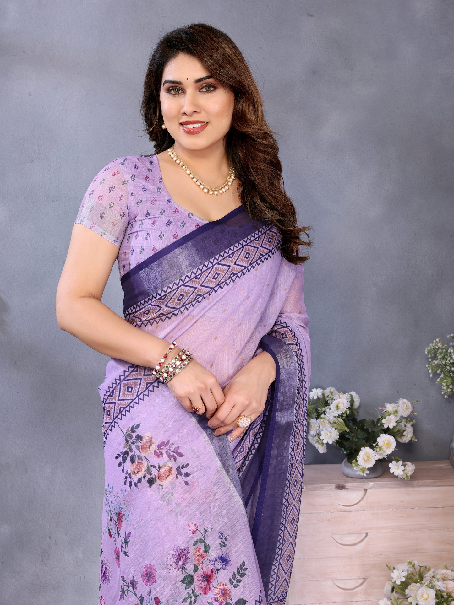 Lavender Grace Linen Cotton Saree with Delicate Floral Border Elegance