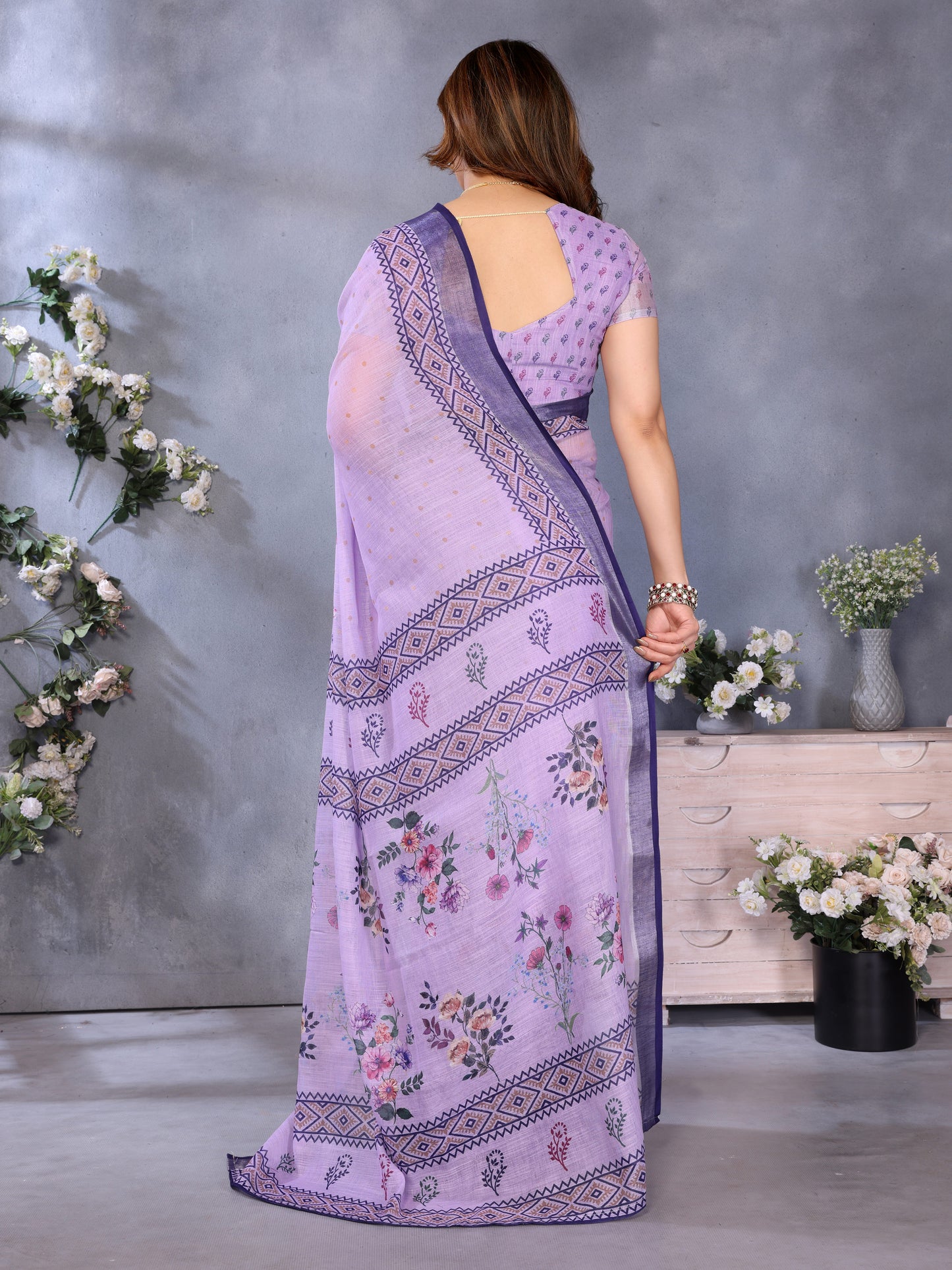 Lavender Grace Linen Cotton Saree with Delicate Floral Border Elegance