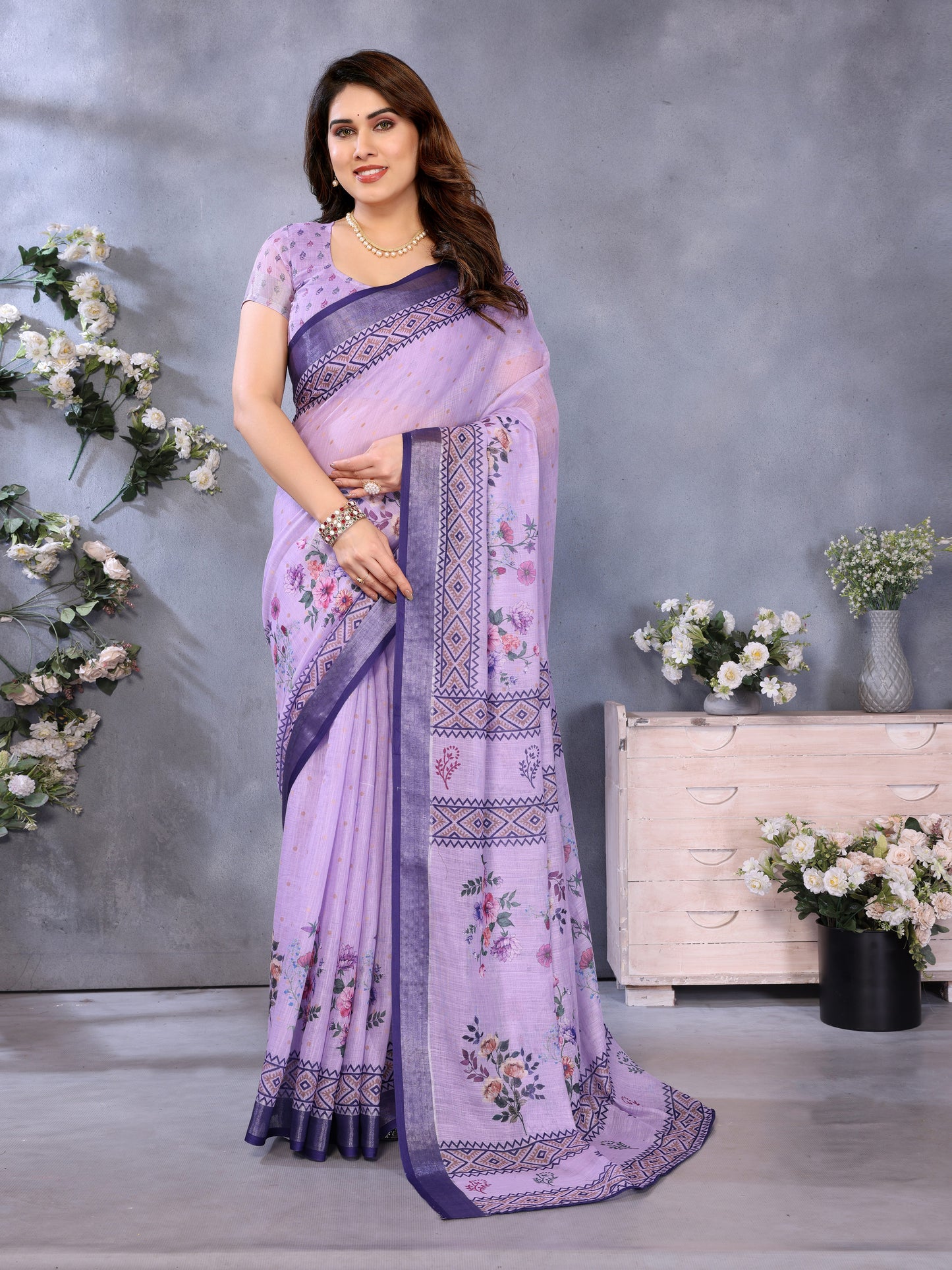 Lavender Grace Linen Cotton Saree with Delicate Floral Border Elegance