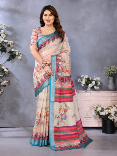 Ivory Meadow Linen Cotton Saree with Multicolor Heritage Stripe Border
