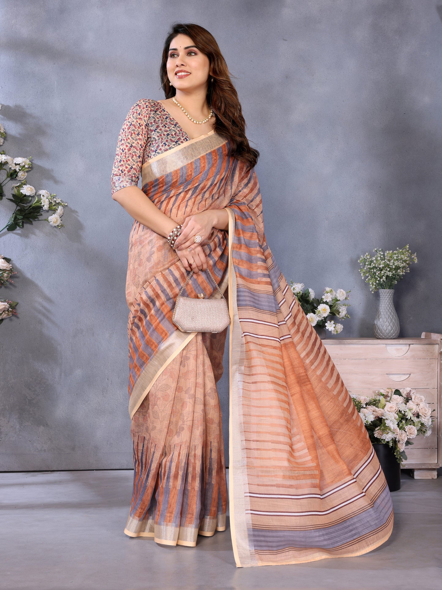 Autumn Sand Linen Cotton Saree with Earthy Stripe Elegance