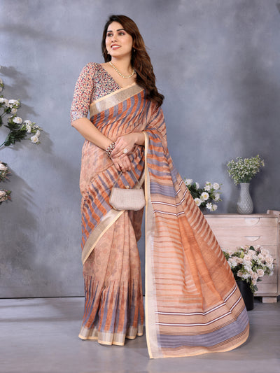 Autumn Sand Linen Cotton Saree with Earthy Stripe Elegance