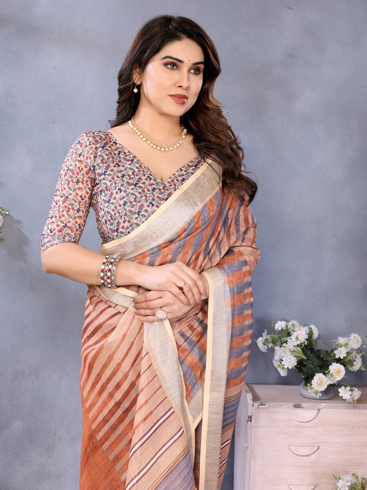 Autumn Sand Linen Cotton Saree with Earthy Stripe Elegance