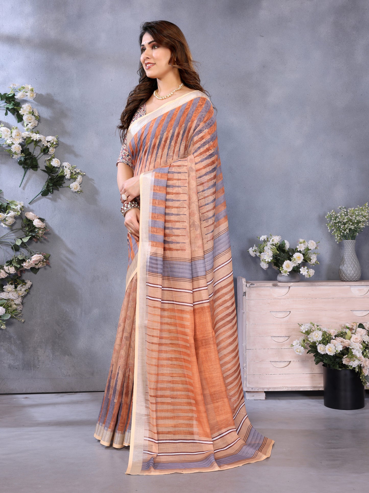 Autumn Sand Linen Cotton Saree with Earthy Stripe Elegance