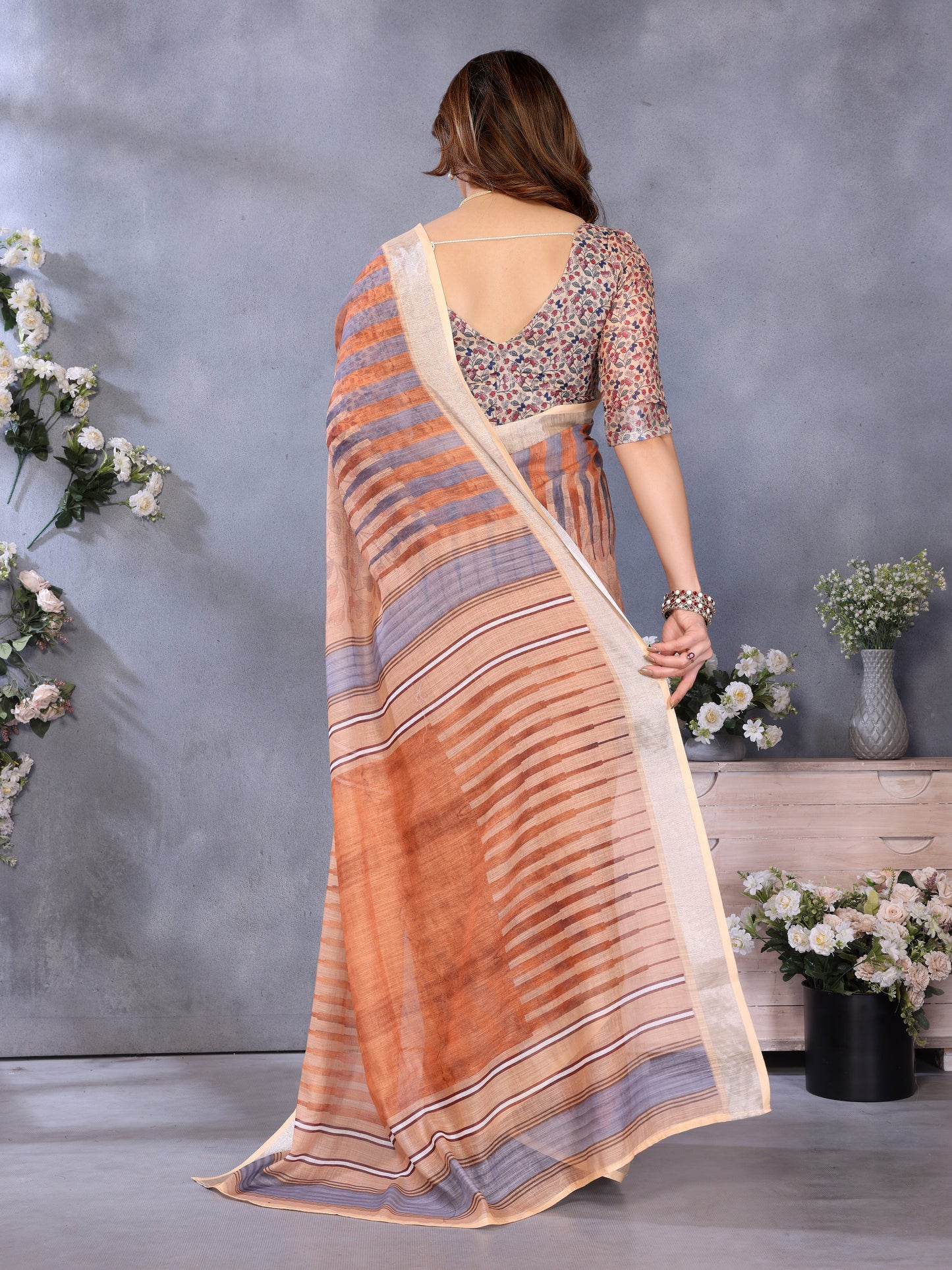 Autumn Sand Linen Cotton Saree with Earthy Stripe Elegance