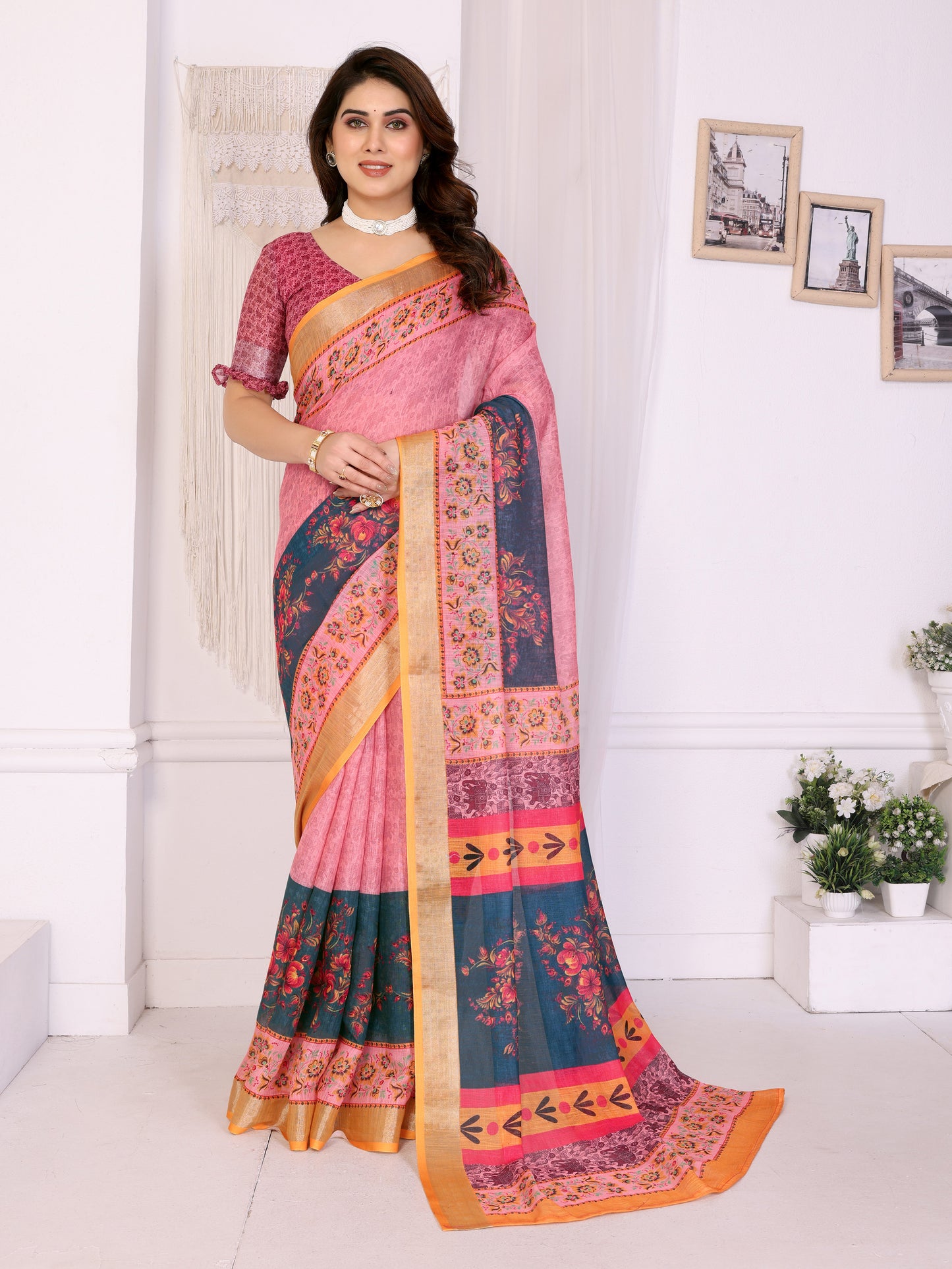 Morpich Rose Linen Cotton Saree with Artistic Floral Panel Elegance