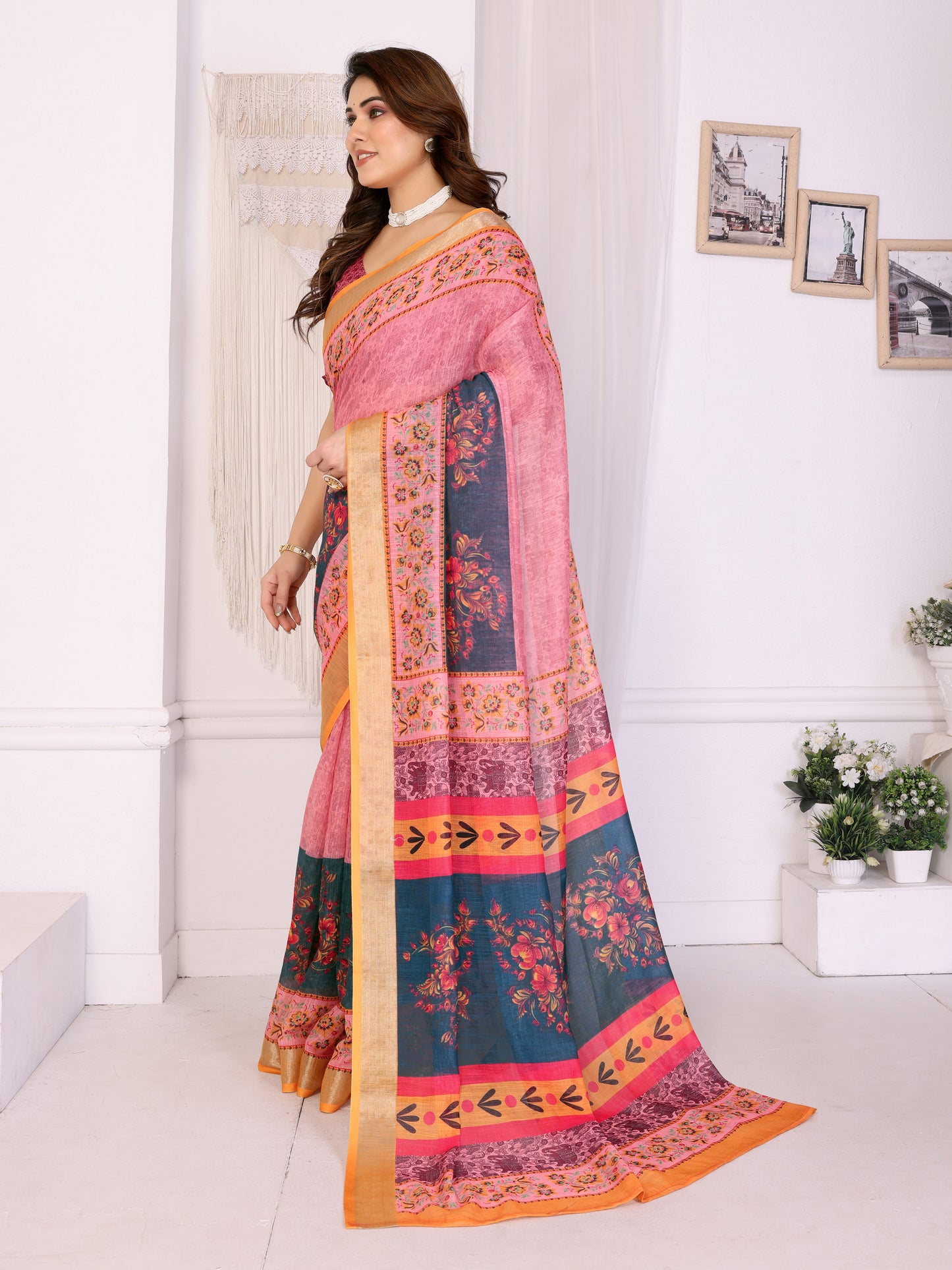 Morpich Rose Linen Cotton Saree with Artistic Floral Panel Elegance