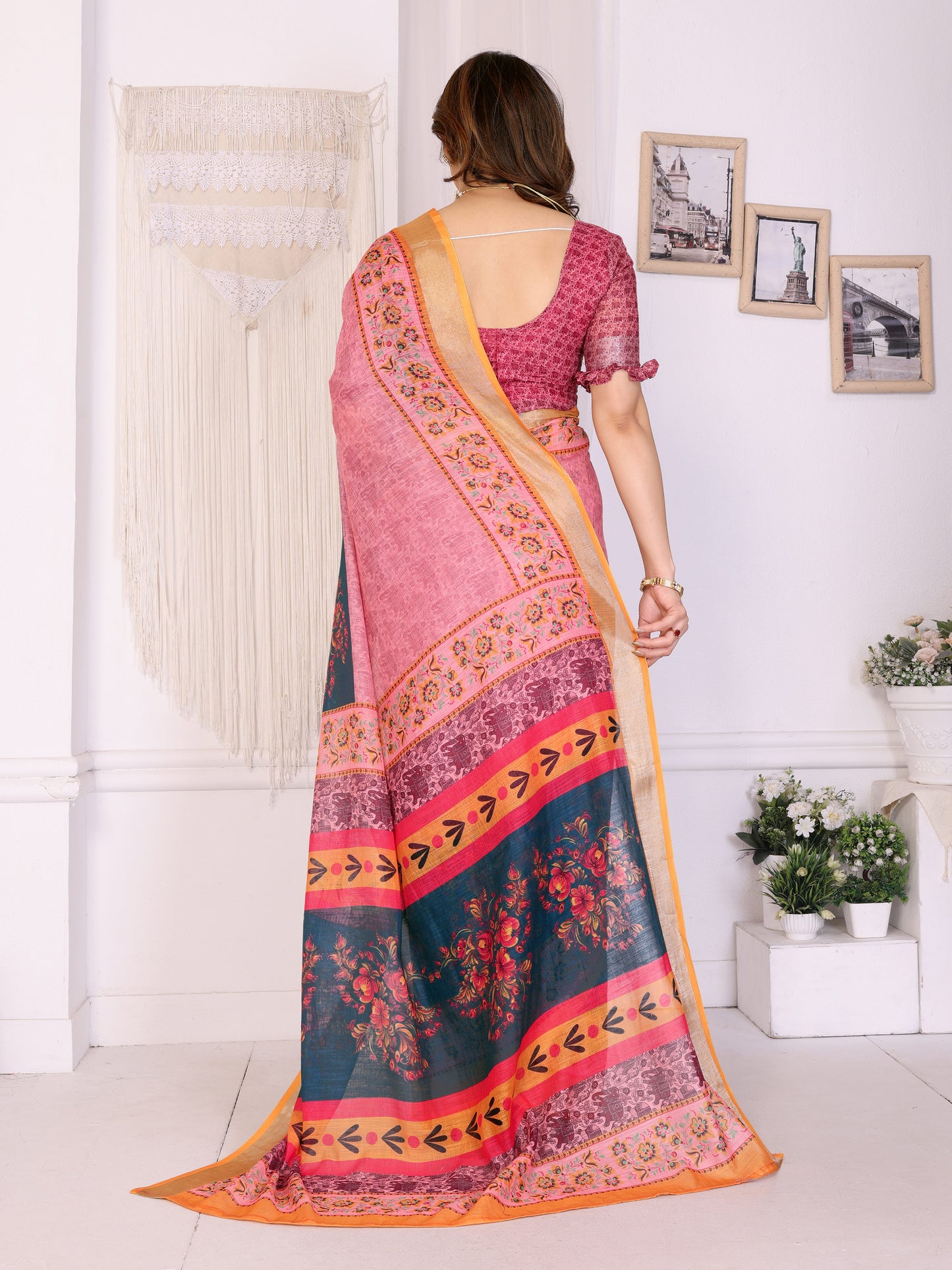 Morpich Rose Linen Cotton Saree with Artistic Floral Panel Elegance