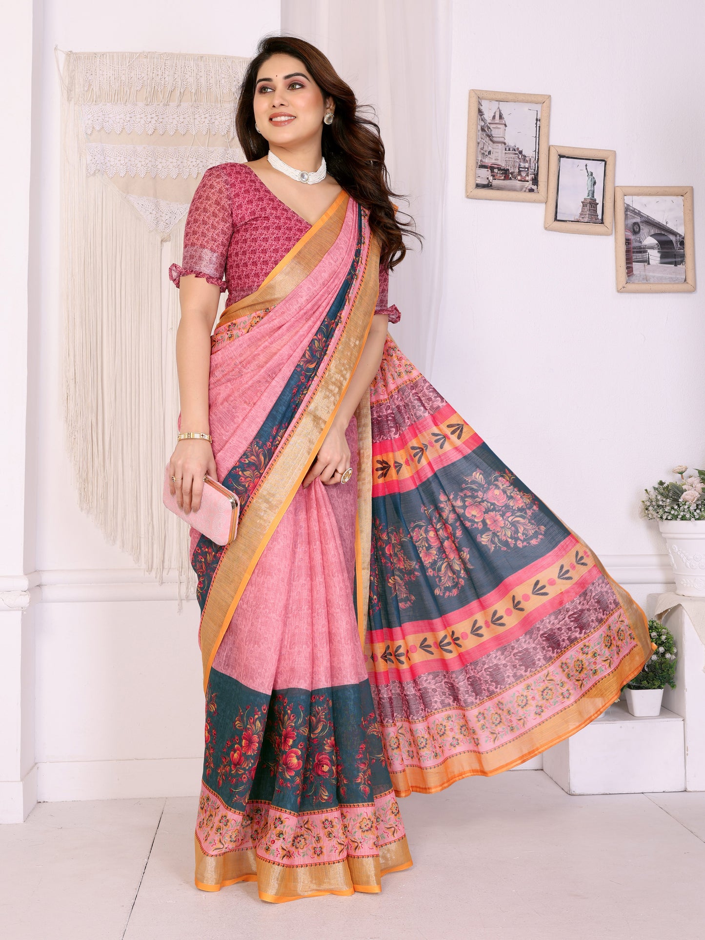 Morpich Rose Linen Cotton Saree with Artistic Floral Panel Elegance