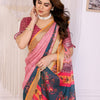 Morpich Rose Linen Cotton Saree with Artistic Floral Panel Elegance
