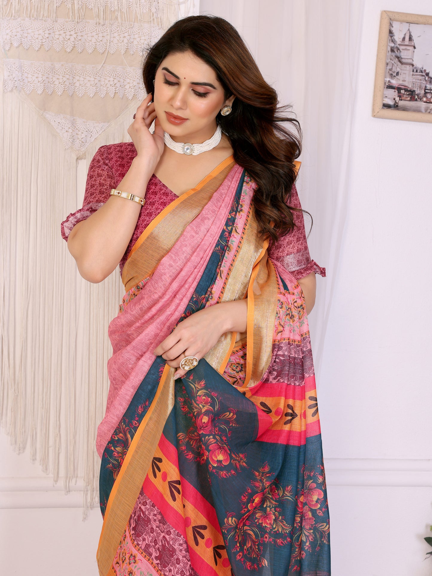 Morpich Rose Linen Cotton Saree with Artistic Floral Panel Elegance
