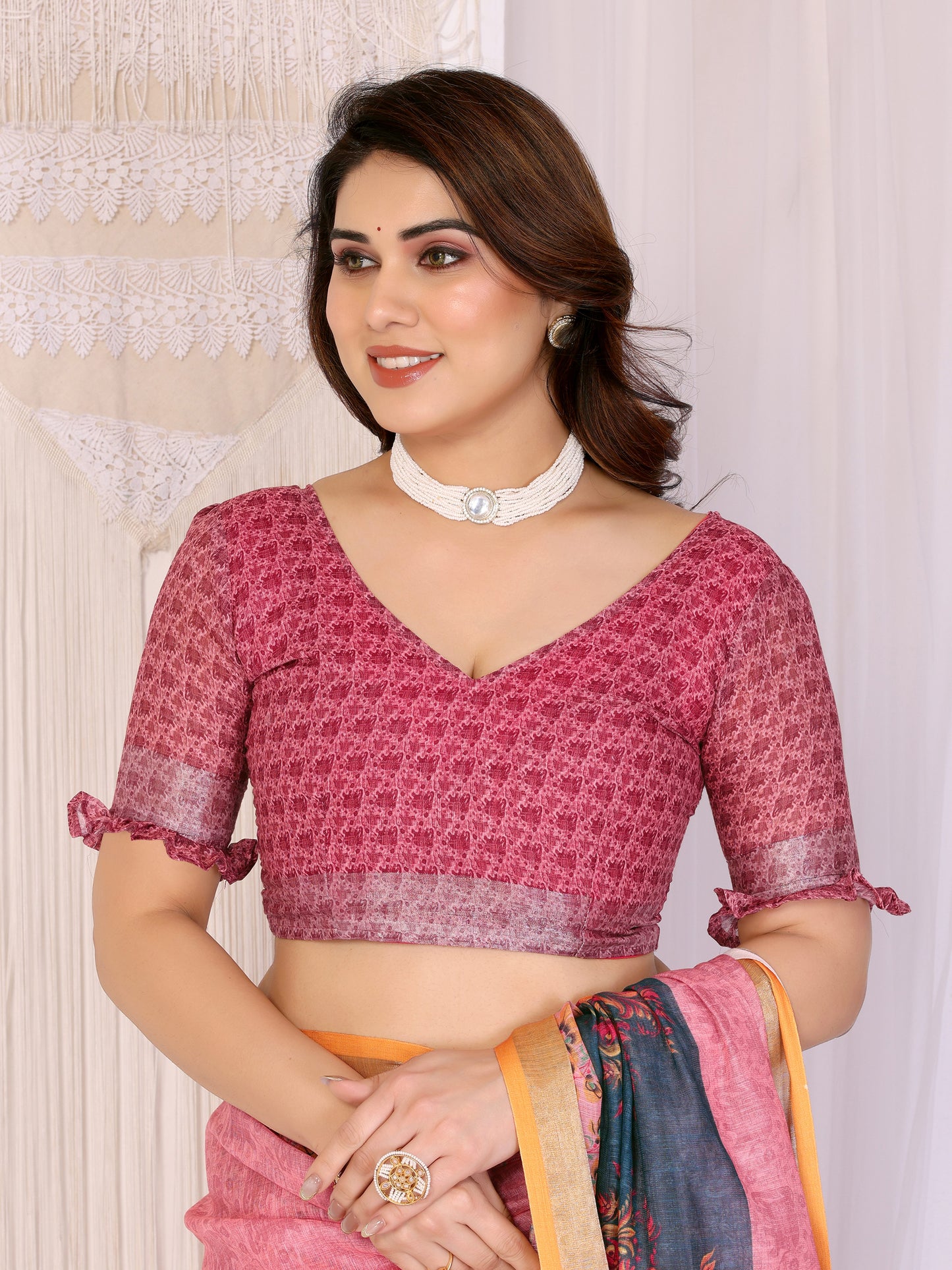 Morpich Rose Linen Cotton Saree with Artistic Floral Panel Elegance