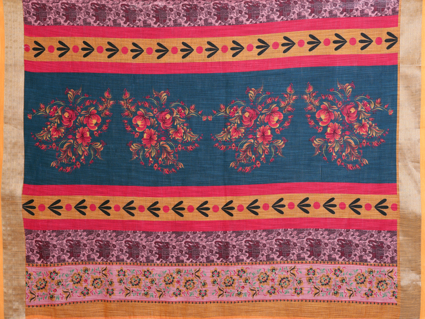 Morpich Rose Linen Cotton Saree with Artistic Floral Panel Elegance