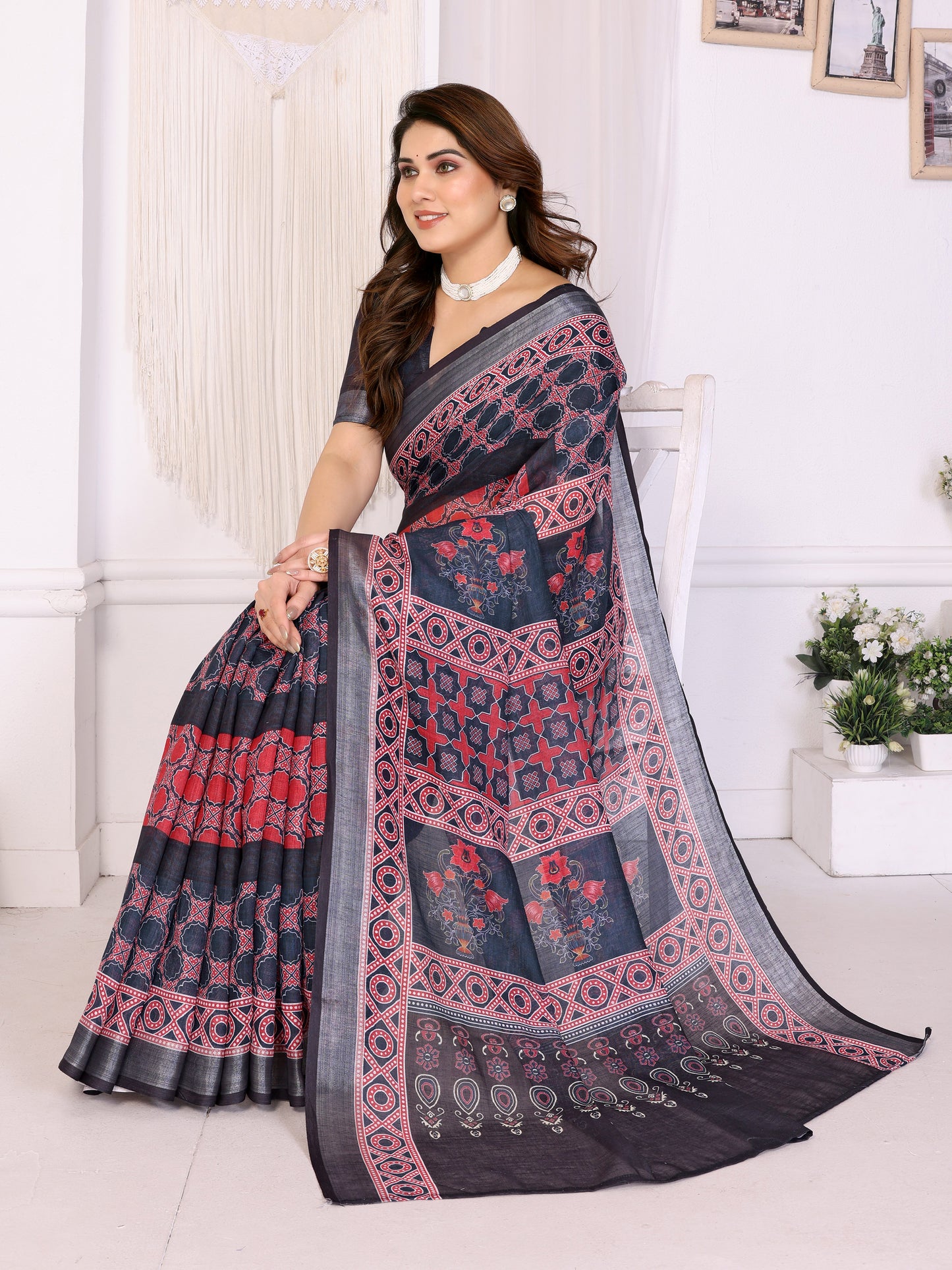 Midnight Black Linen Cotton Saree with Heritage Red Ajrakh-Inspired Panels