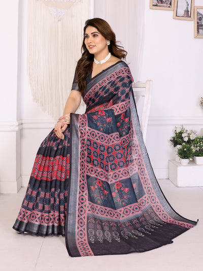 Midnight Black Linen Cotton Saree with Heritage Red Ajrakh-Inspired Panels