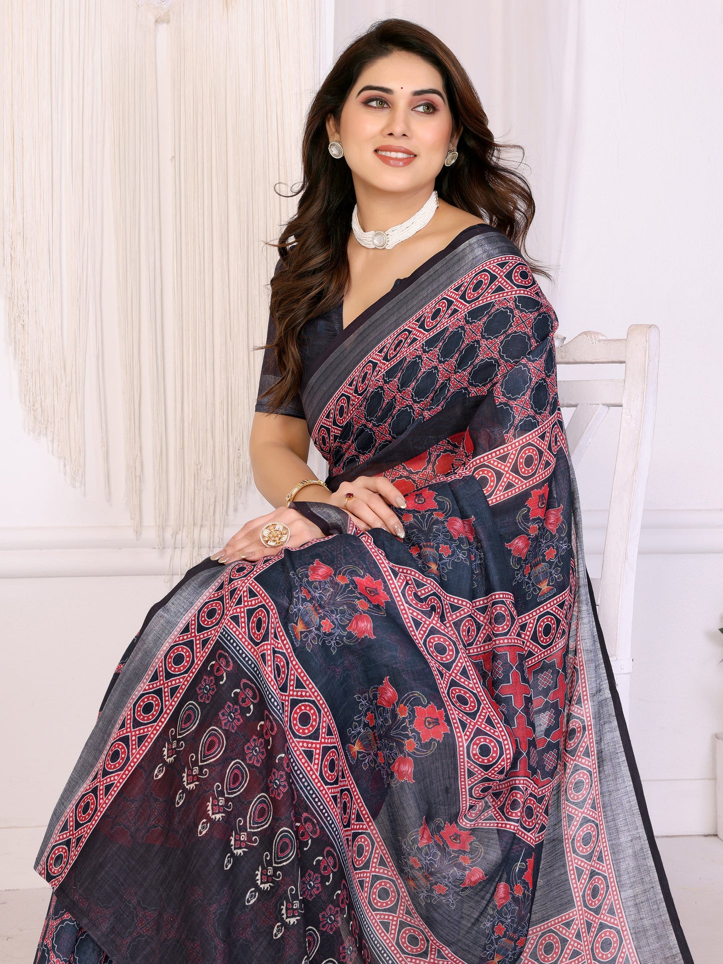 Midnight Black Linen Cotton Saree with Heritage Red Ajrakh-Inspired Panels