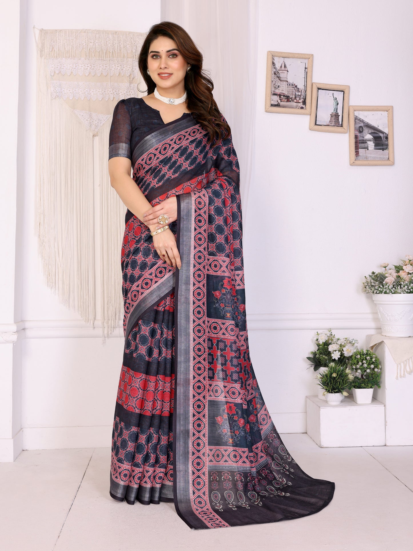 Midnight Black Linen Cotton Saree with Heritage Red Ajrakh-Inspired Panels