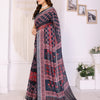 Midnight Black Linen Cotton Saree with Heritage Red Ajrakh-Inspired Panels