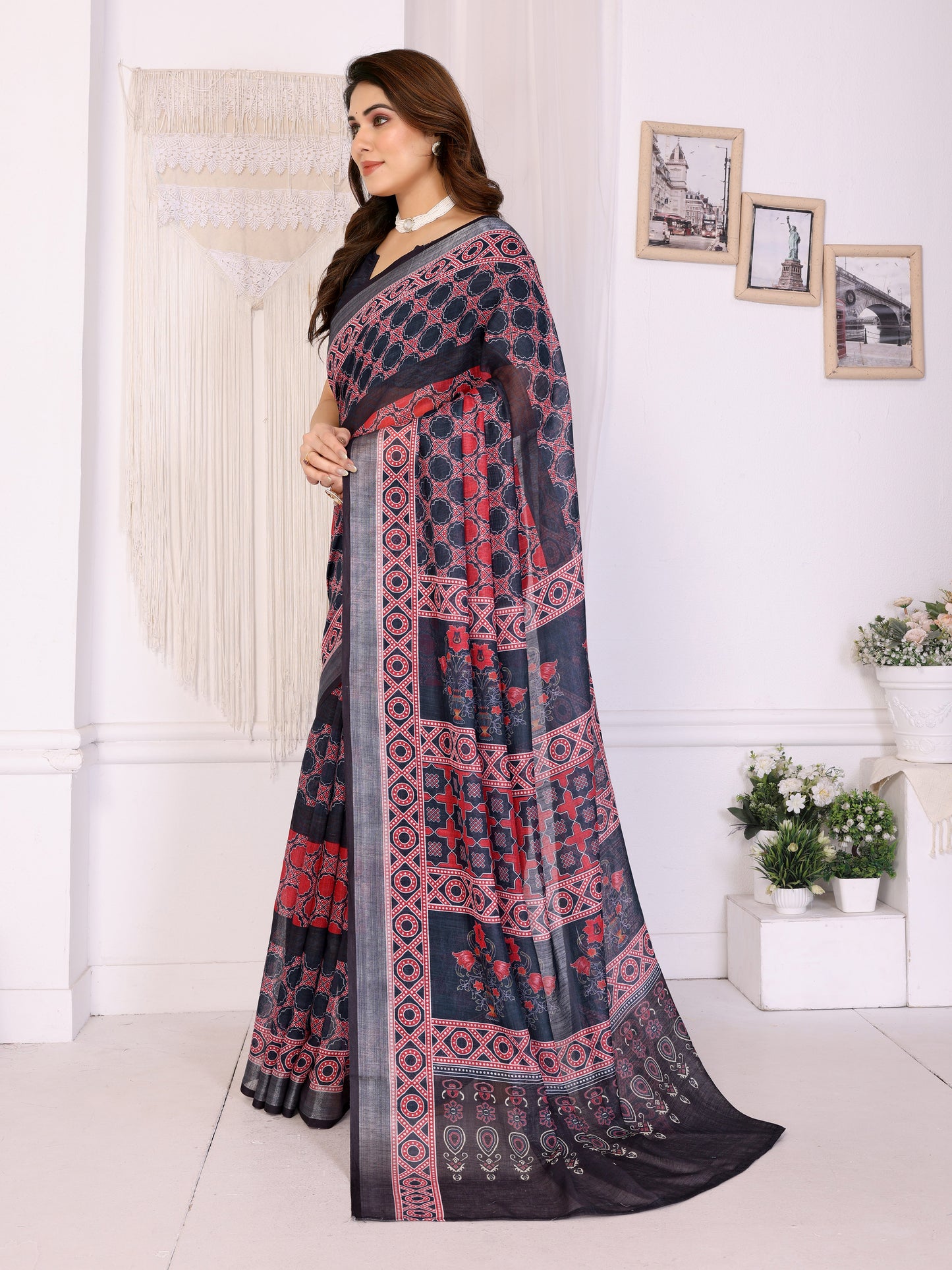 Midnight Black Linen Cotton Saree with Heritage Red Ajrakh-Inspired Panels