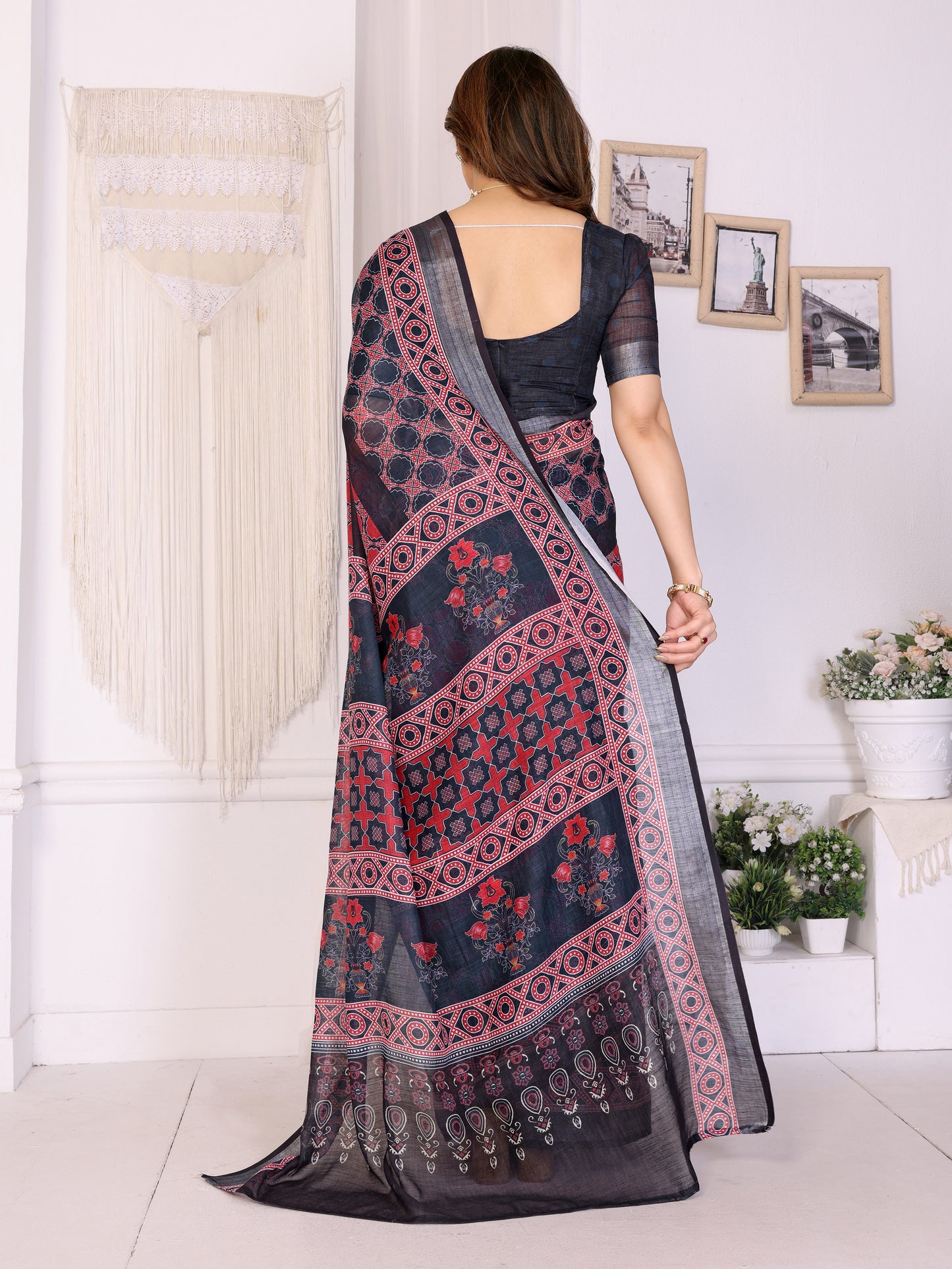 Midnight Black Linen Cotton Saree with Heritage Red Ajrakh-Inspired Panels