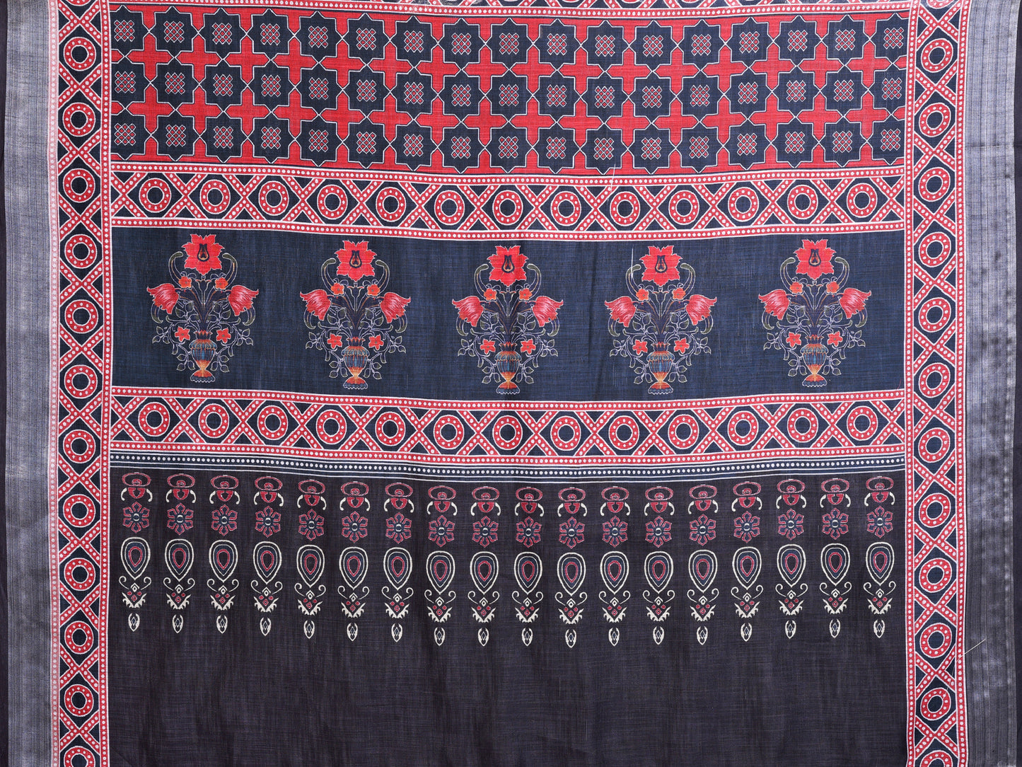 Midnight Black Linen Cotton Saree with Heritage Red Ajrakh-Inspired Panels