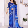 Royal Blue Linen Cotton Saree with Lotus-Inspired Artistic Border Elegance
