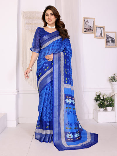 Royal Blue Linen Cotton Saree with Lotus-Inspired Artistic Border Elegance