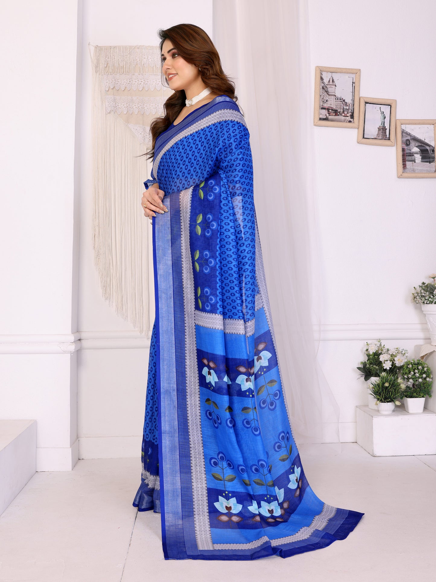 Royal Blue Linen Cotton Saree with Lotus-Inspired Artistic Border Elegance