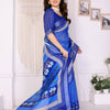 Royal Blue Linen Cotton Saree with Lotus-Inspired Artistic Border Elegance