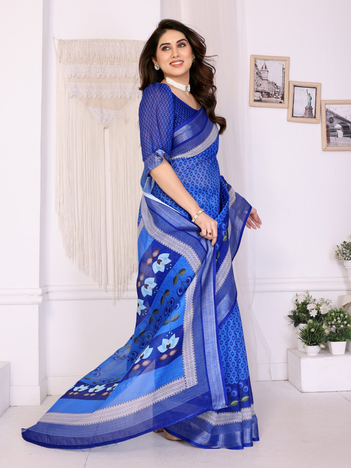 Royal Blue Linen Cotton Saree with Lotus-Inspired Artistic Border Elegance