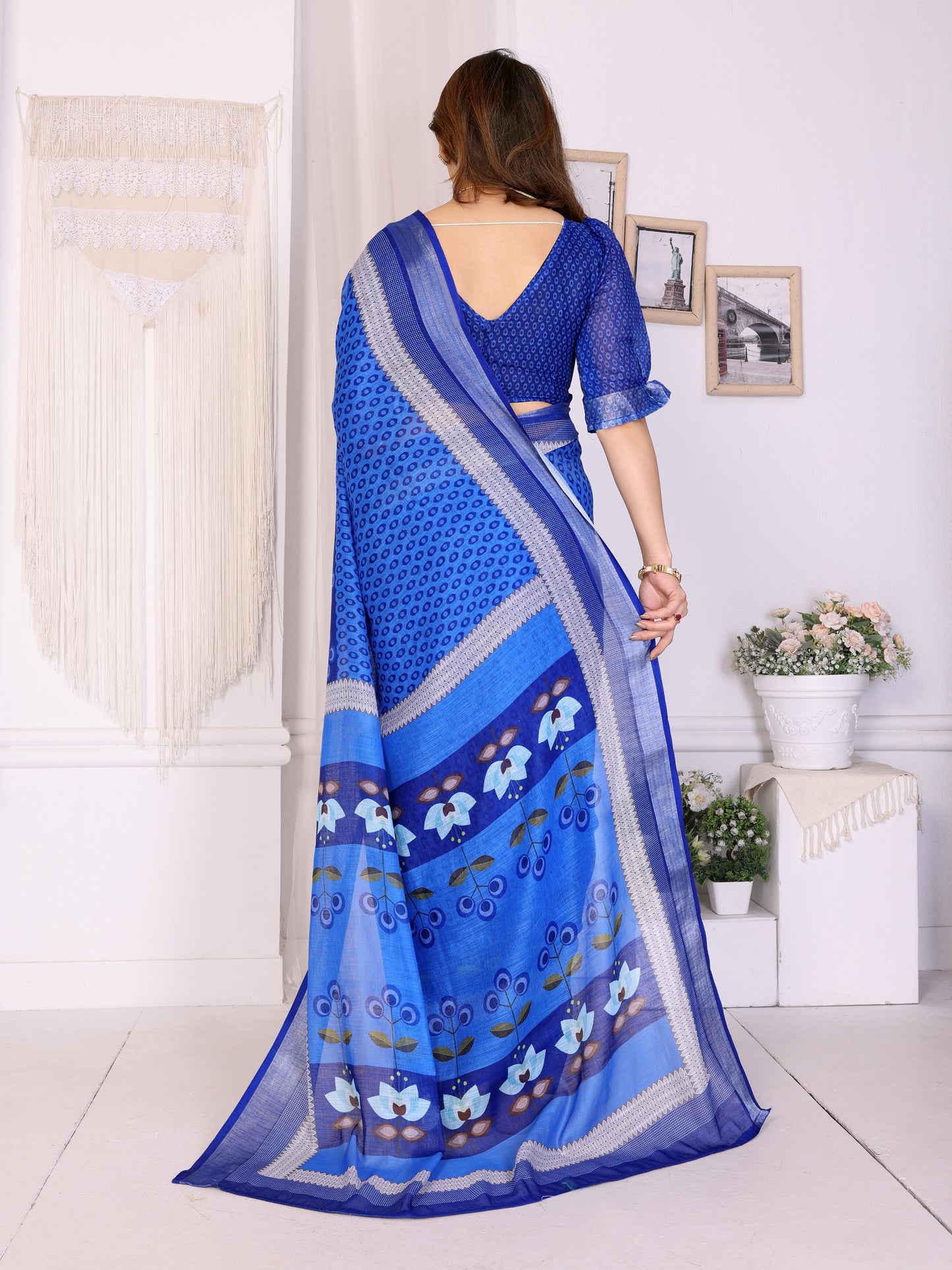 Royal Blue Linen Cotton Saree with Lotus-Inspired Artistic Border Elegance