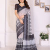 Ivory Mist Linen Cotton Saree with Classic Black Elephant Heritage Border