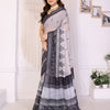 Ivory Mist Linen Cotton Saree with Classic Black Elephant Heritage Border