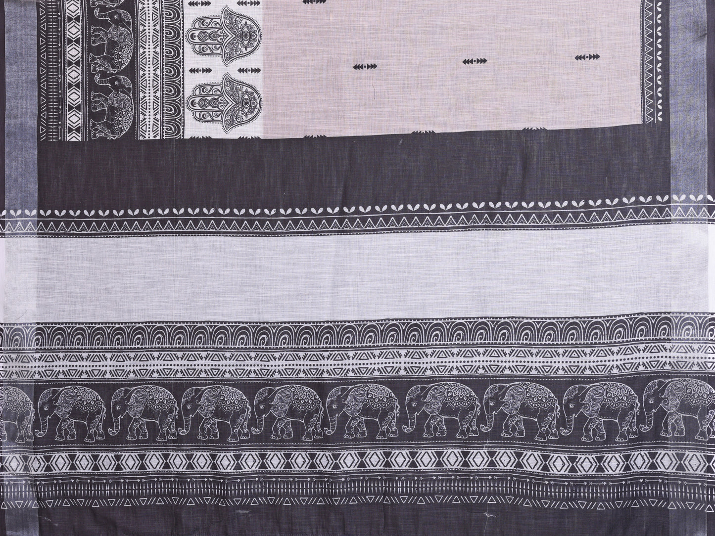 Ivory Mist Linen Cotton Saree with Classic Black Elephant Heritage Border