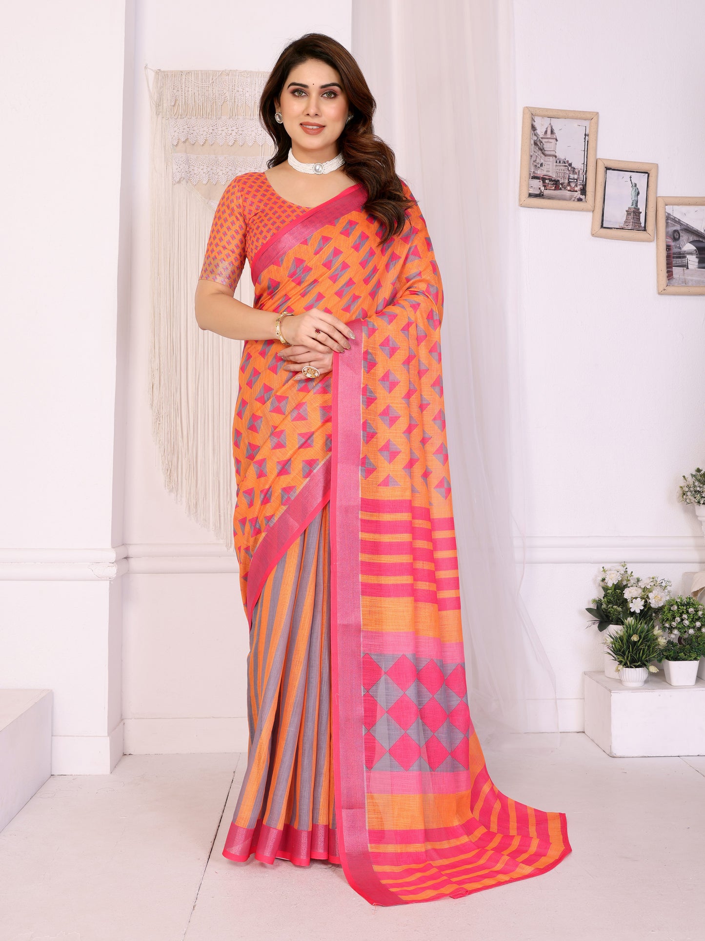 Sunset Orange Linen Cotton Saree with Modern Geometric Heritage Design