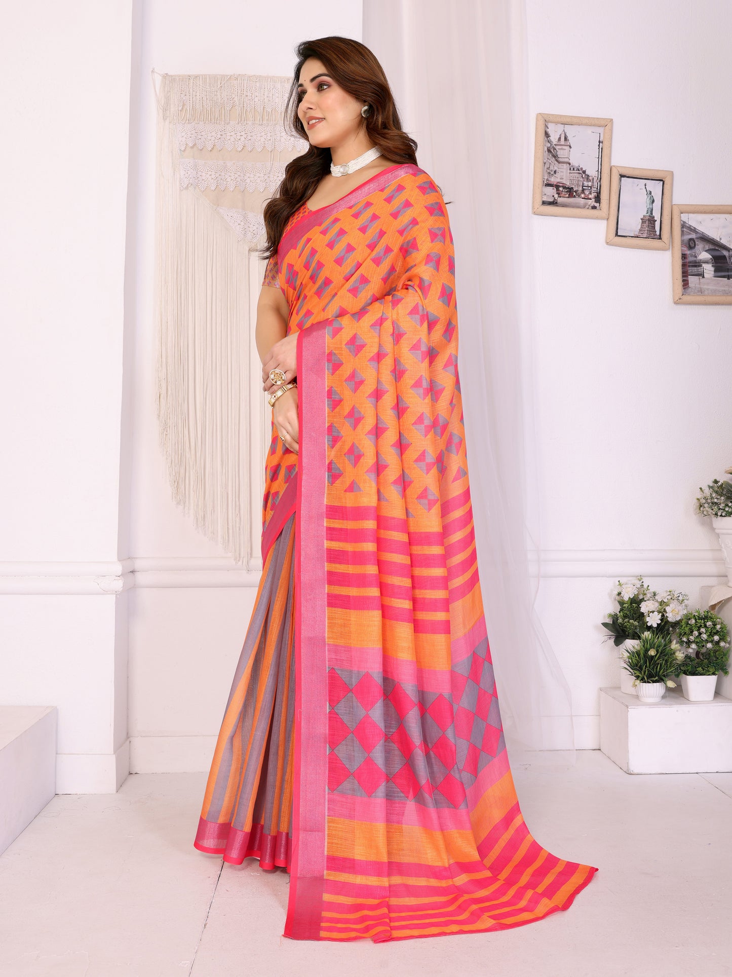Sunset Orange Linen Cotton Saree with Modern Geometric Heritage Design