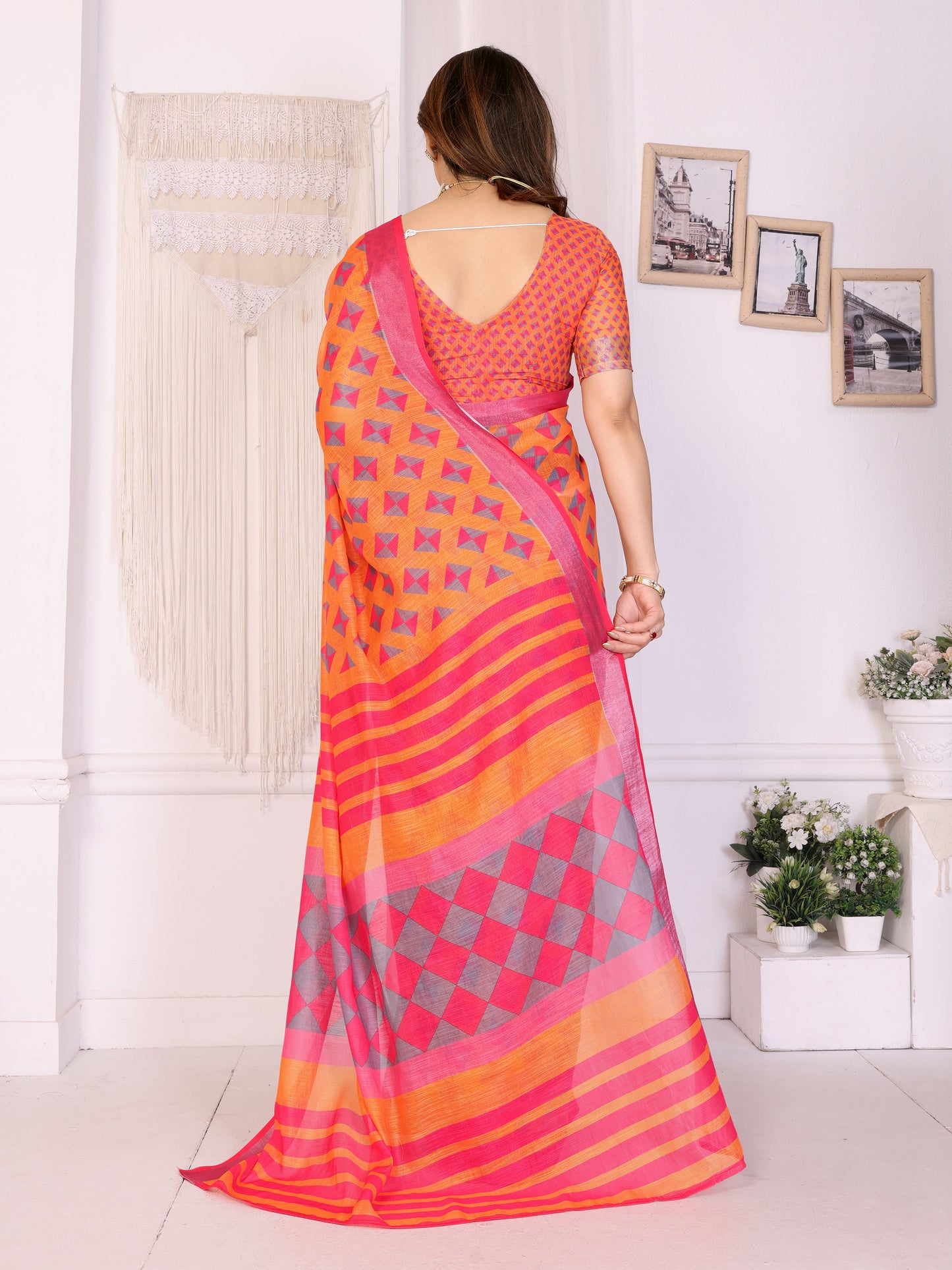 Sunset Orange Linen Cotton Saree with Modern Geometric Heritage Design