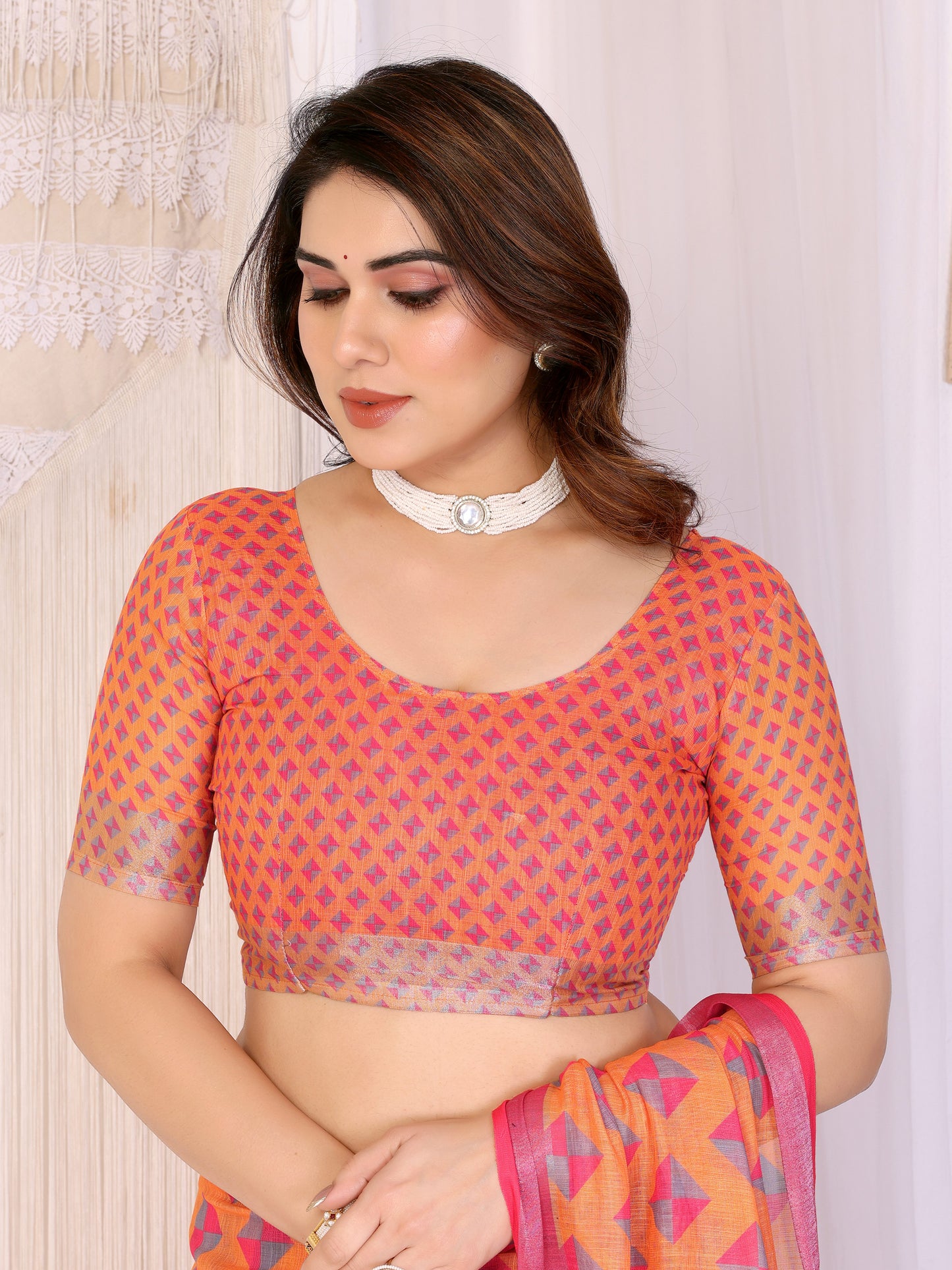 Sunset Orange Linen Cotton Saree with Modern Geometric Heritage Design