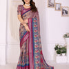 Vintage Wine Linen Cotton Saree with Romantic Rose Garden Elegance
