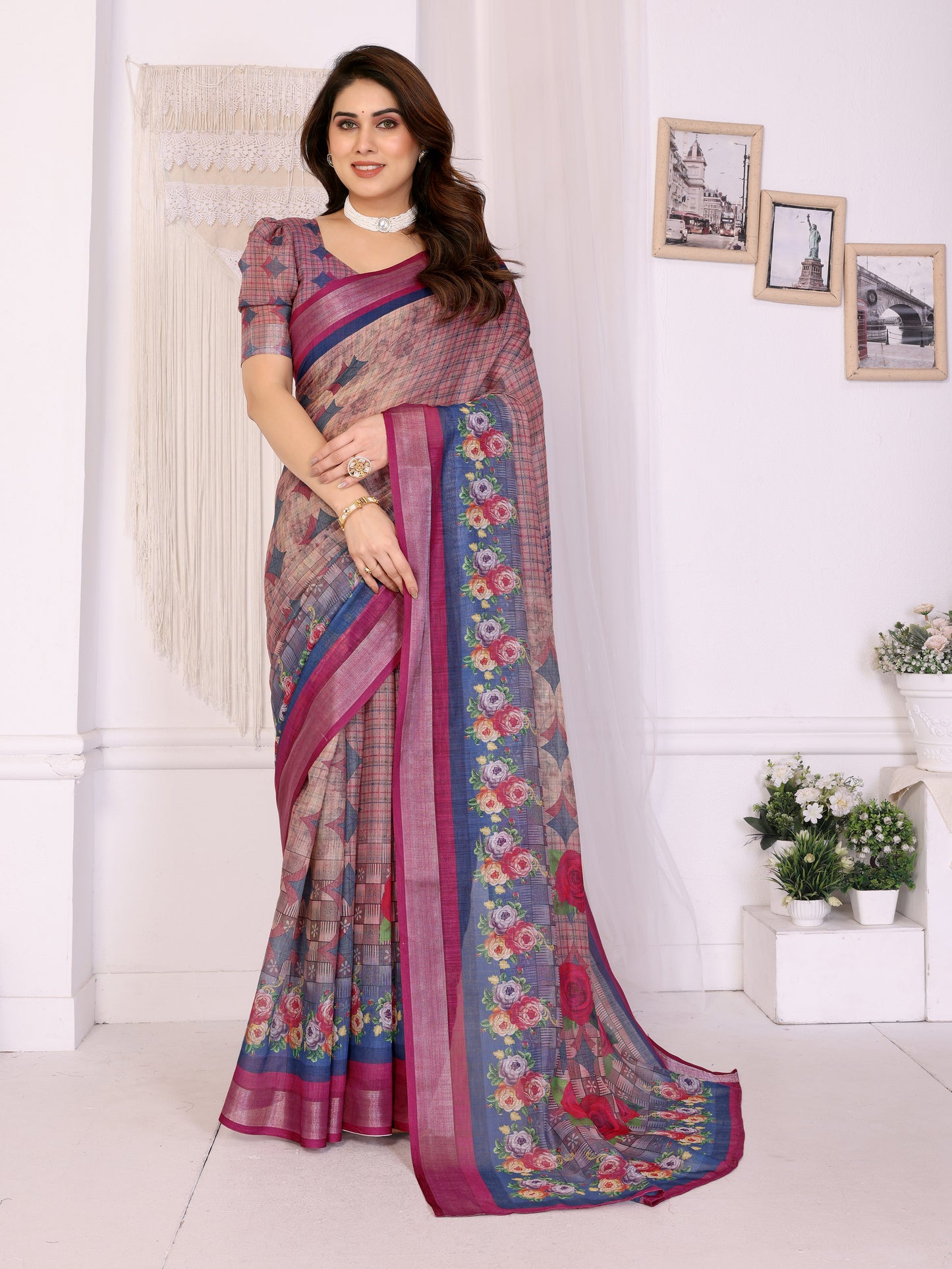 Vintage Wine Linen Cotton Saree with Romantic Rose Garden Elegance