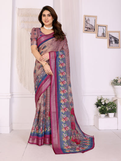 Vintage Wine Linen Cotton Saree with Romantic Rose Garden Elegance