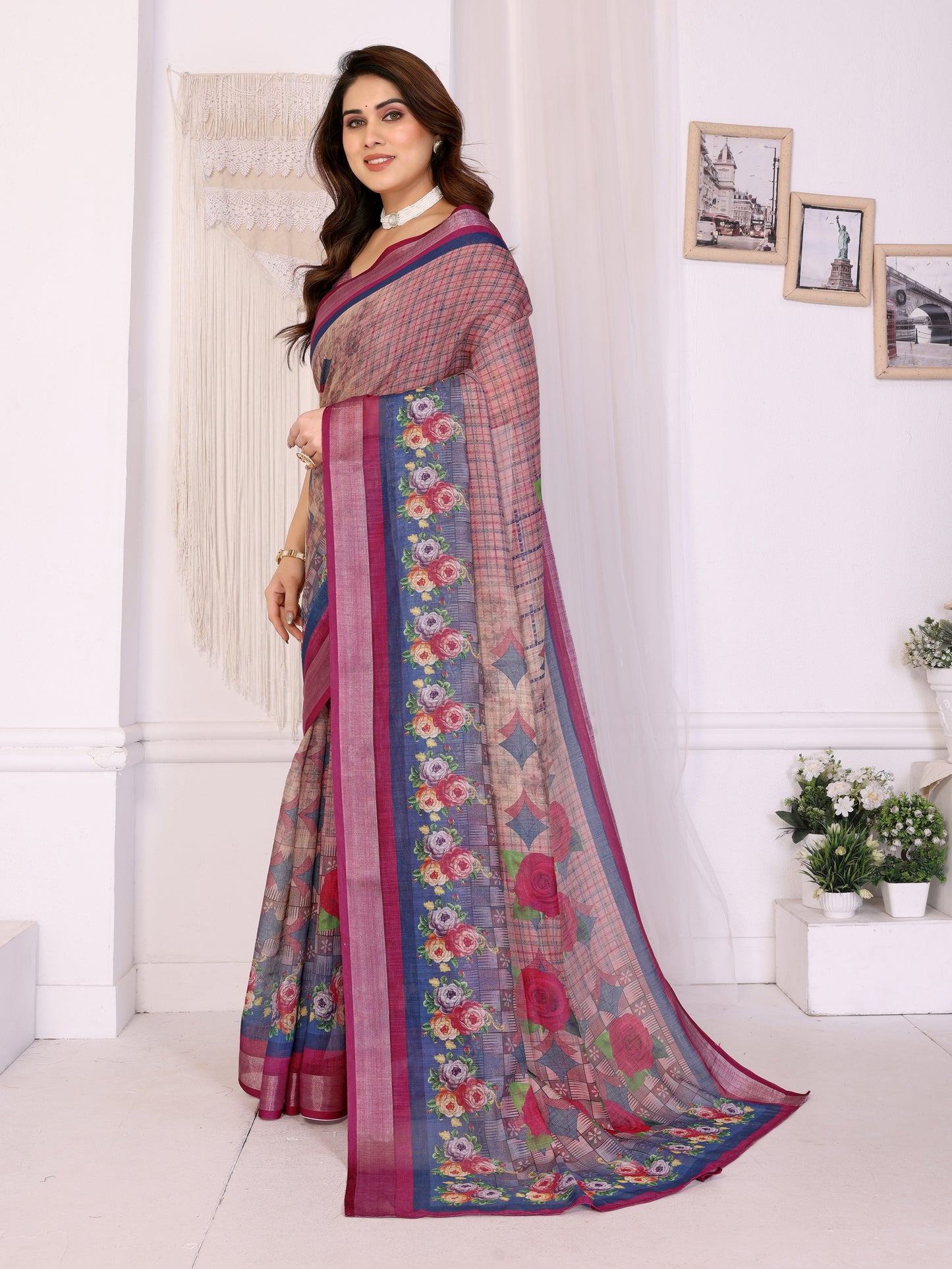 Vintage Wine Linen Cotton Saree with Romantic Rose Garden Elegance