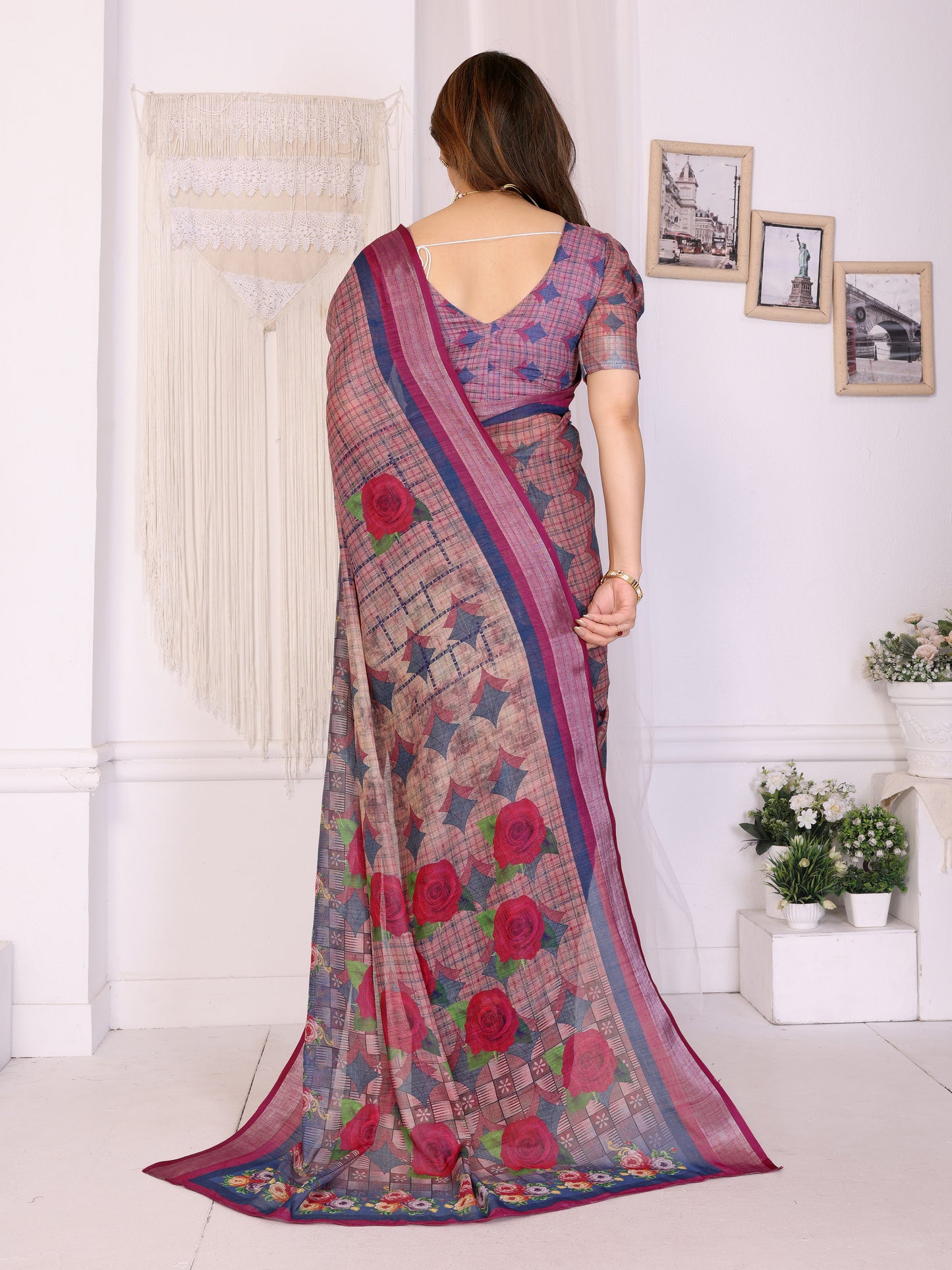 Vintage Wine Linen Cotton Saree with Romantic Rose Garden Elegance