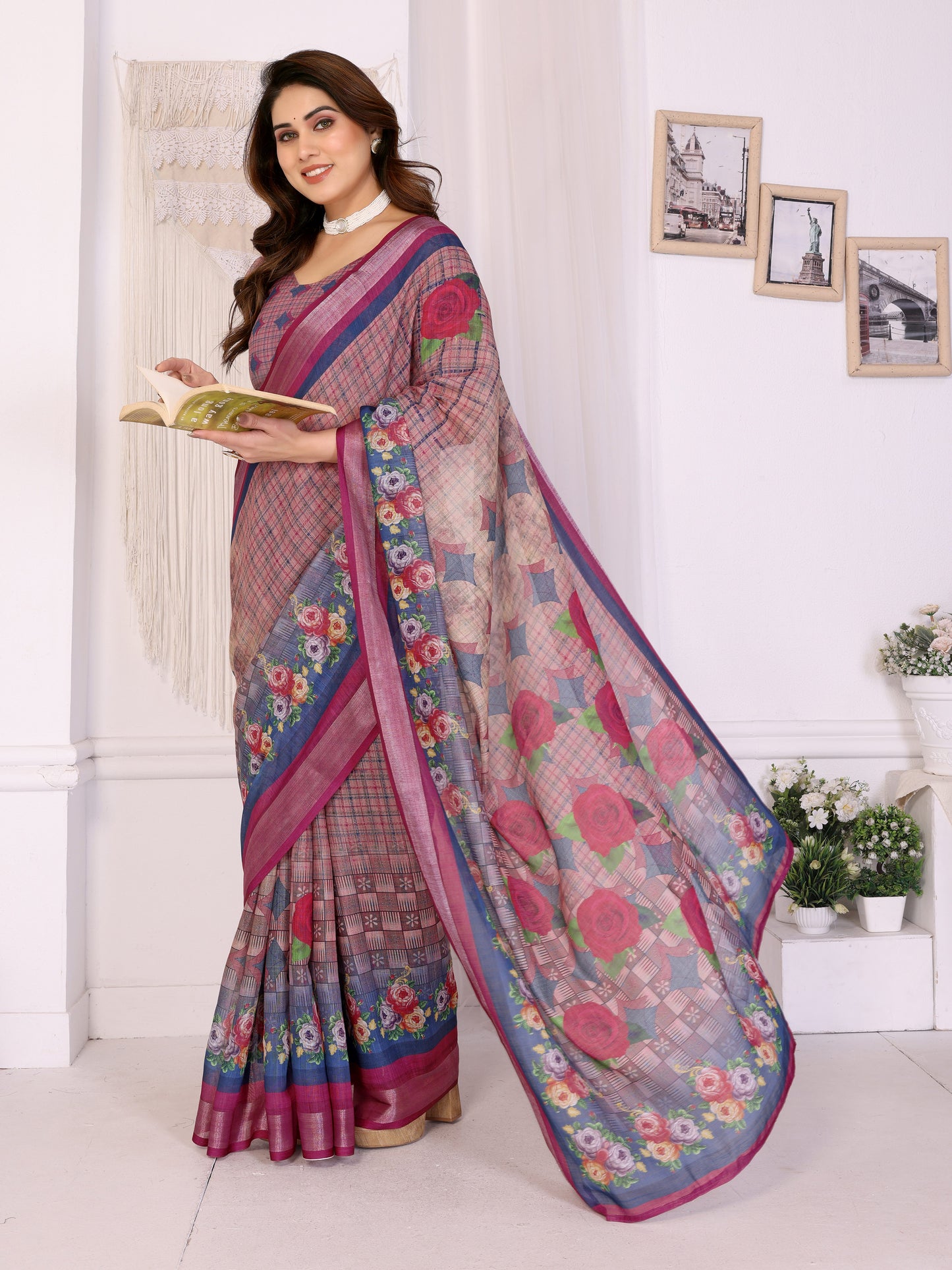 Vintage Wine Linen Cotton Saree with Romantic Rose Garden Elegance